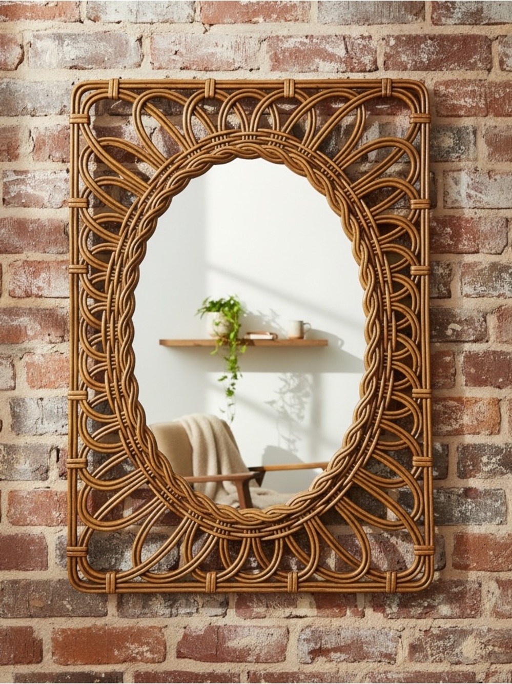 Vtg Syroco Faux Rattan Mirror Boho Wicker Oval Rectangular Mid Century Mirror